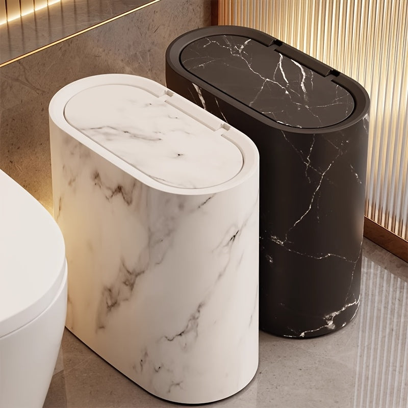 Papelera ovalada con diseño de mármol y tapa ajustada