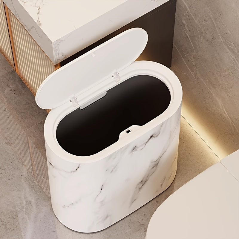 Papelera ovalada con diseño de mármol y tapa ajustada