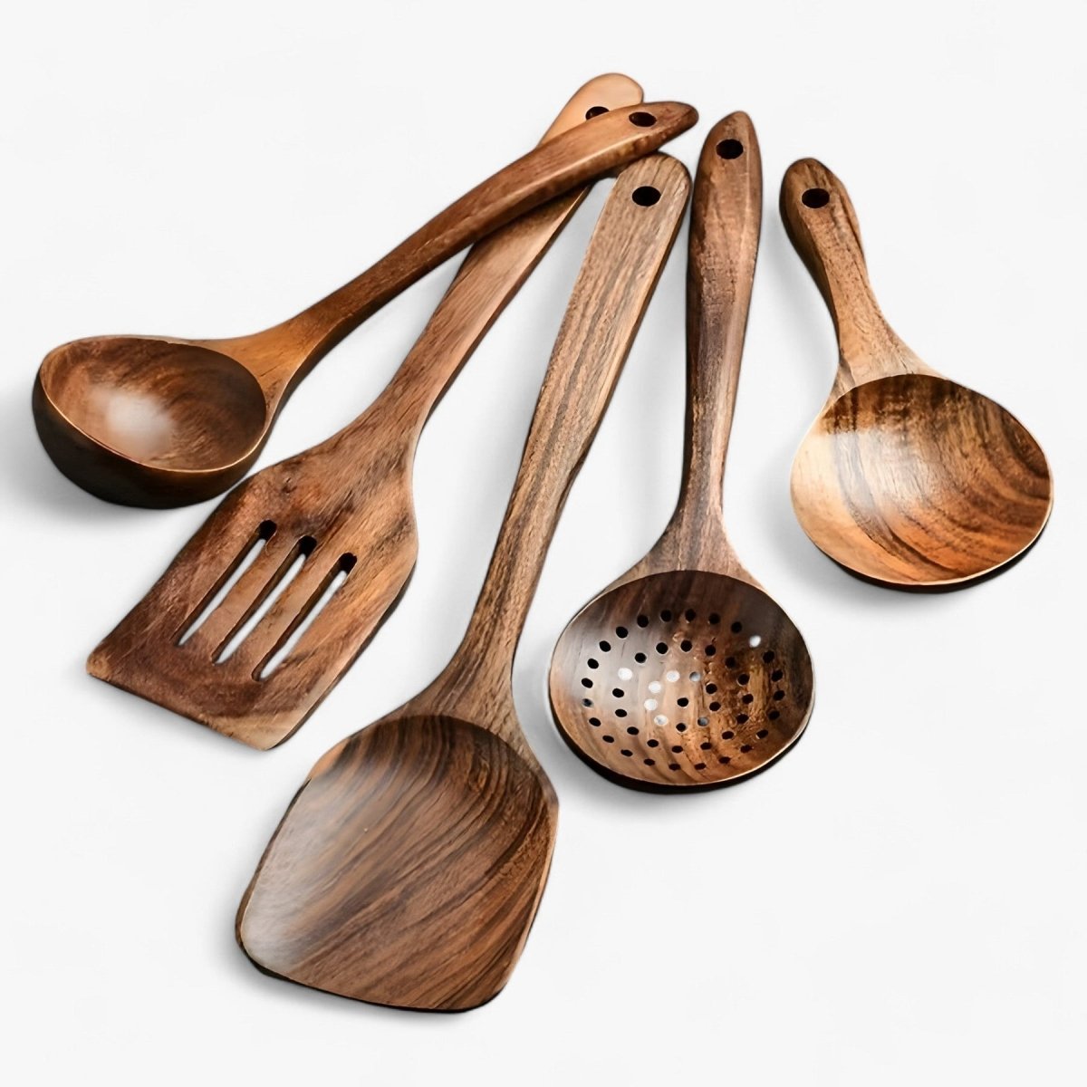 Set de utensilios de cocina de madera natural resistente al calor, aptos para sartenes antiadherentes