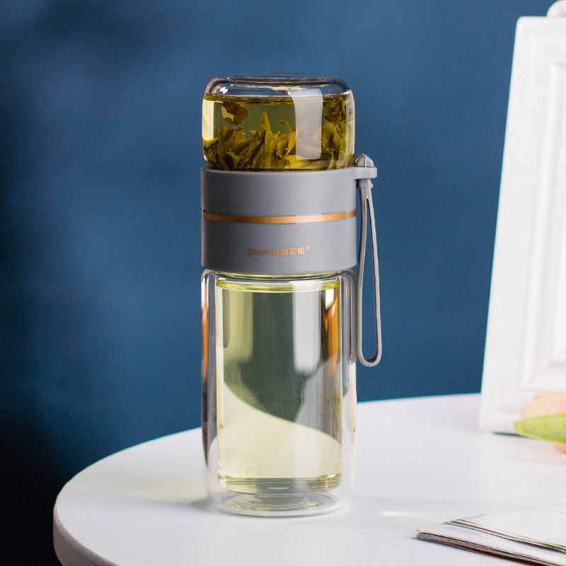 Botella de agua de vidrio de borosilicato de doble pared, a prueba de fugas, con infusor de té
