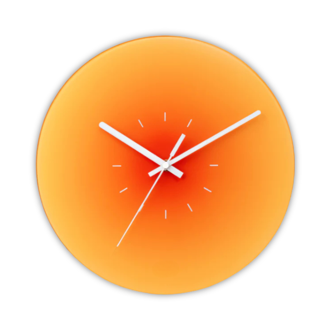 Reloj de pared redondo de vidrio con degradado de atardecer y movimiento de cuarzo silencioso