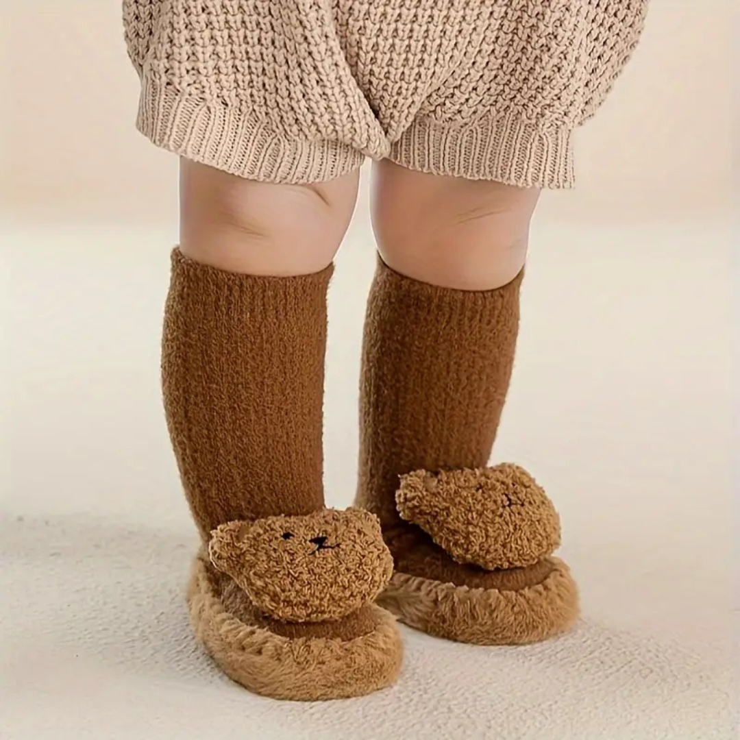 Calcetines tipo zapatilla infantiles suaves y mullidos con diseño de oso, fáciles de poner