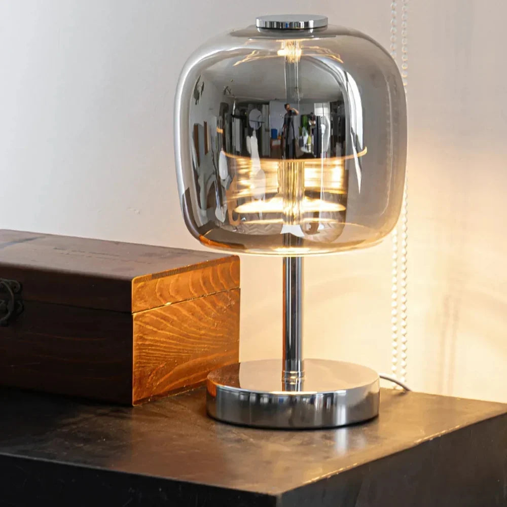 Lámpara de mesa esférica de vidrio esmerilado y hierro, regulable e inalámbrica por USB