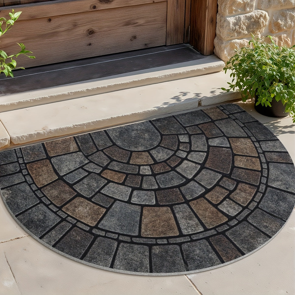 Alfombrilla semicircular de interior y exterior con mosaico de adoquines, antideslizante