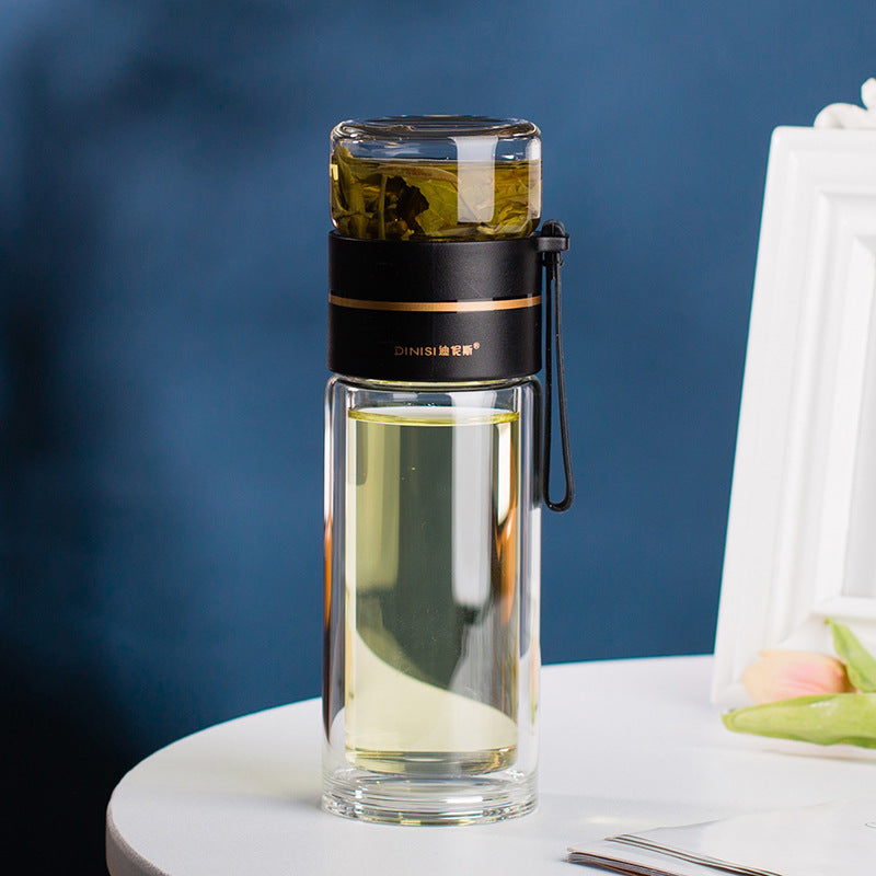 Botella de agua de vidrio de borosilicato de doble pared, a prueba de fugas, con infusor de té