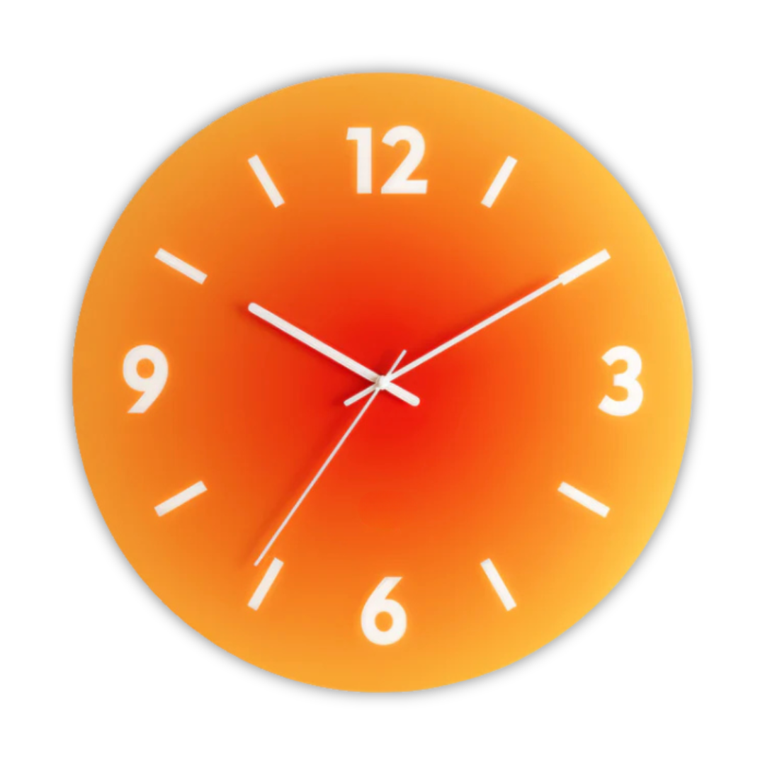 Reloj de pared redondo de vidrio con degradado de atardecer y movimiento de cuarzo silencioso