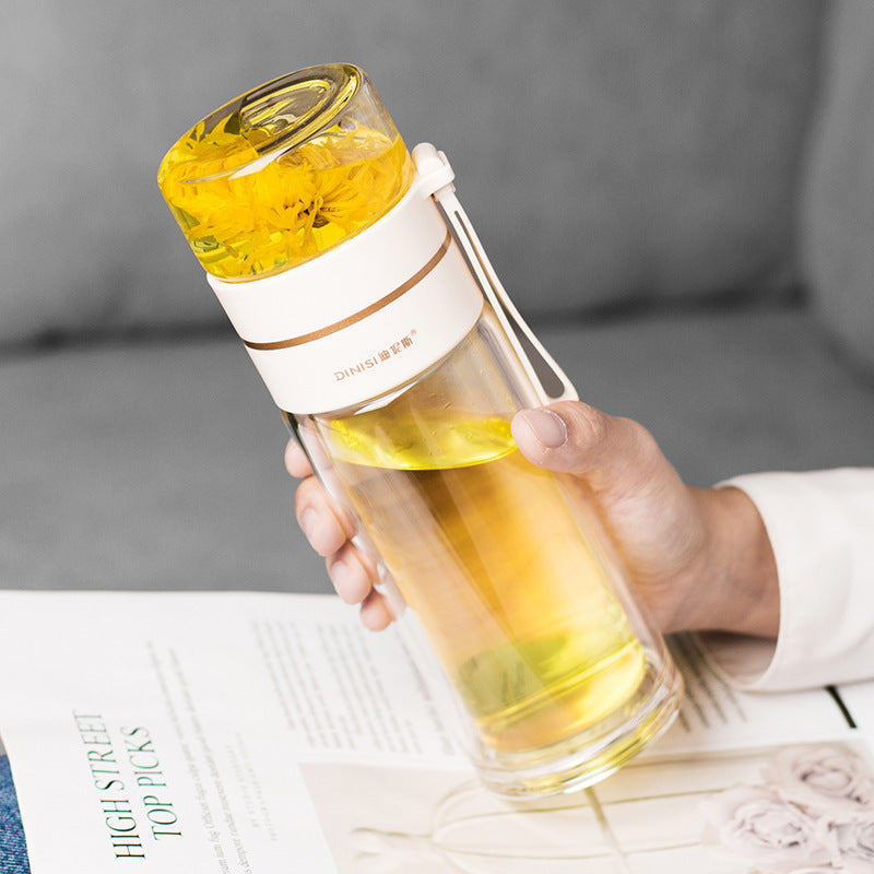 Botella de agua de vidrio de borosilicato de doble pared, a prueba de fugas, con infusor de té