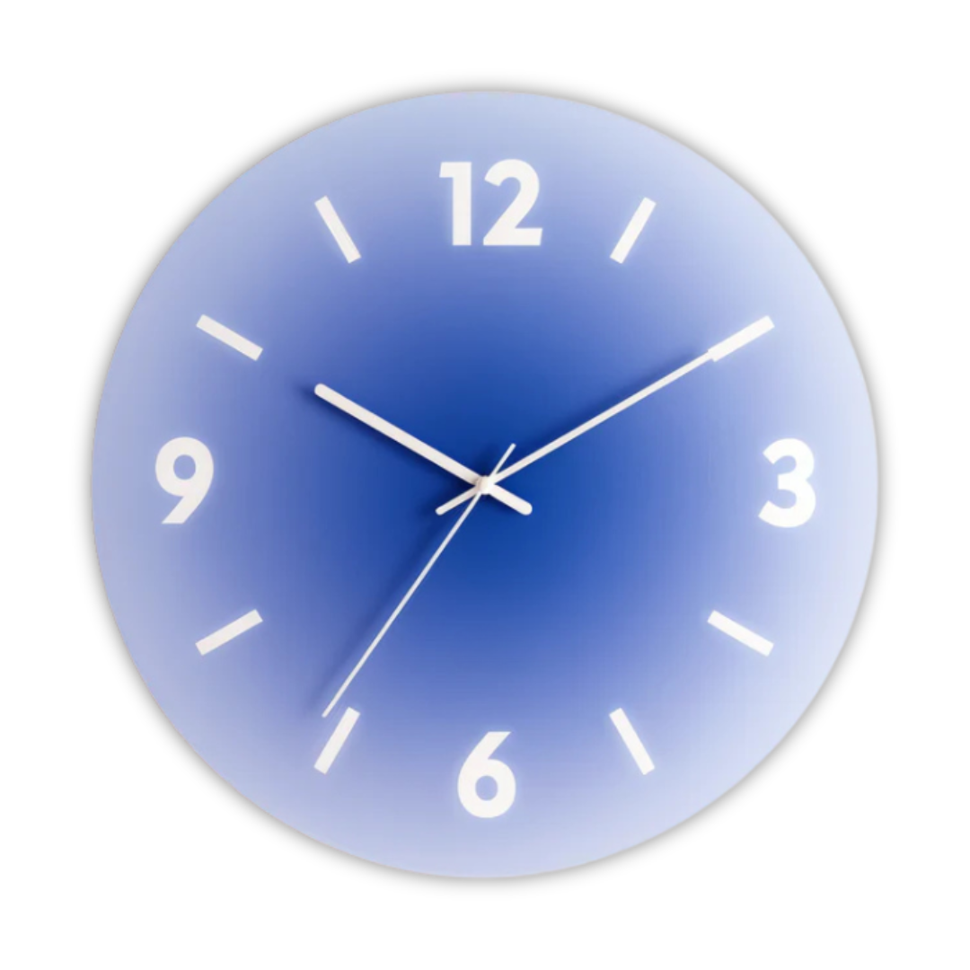 Reloj de pared redondo de vidrio con degradado de atardecer y movimiento de cuarzo silencioso