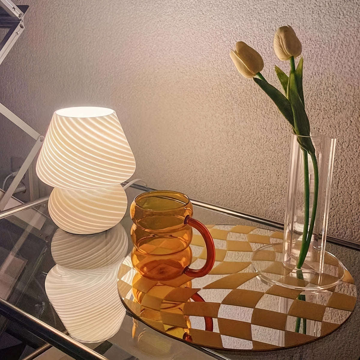 Lámpara de mesa de cristal artístico en espiral con forma de champiñón y regulable