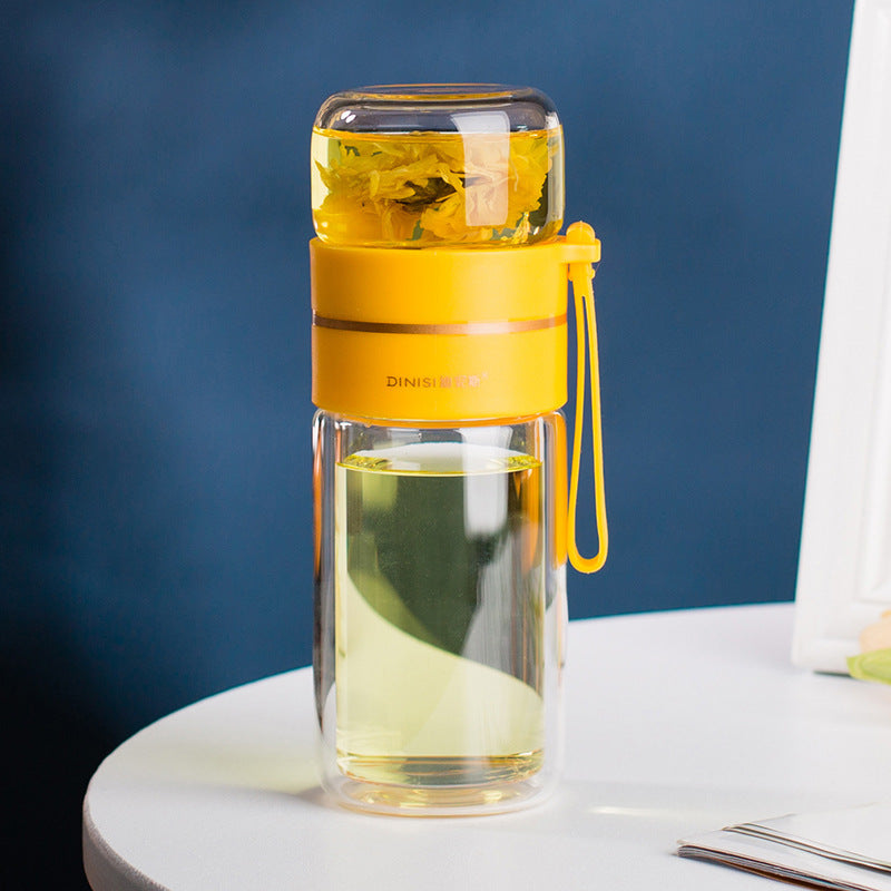 Botella de agua de vidrio de borosilicato de doble pared, a prueba de fugas, con infusor de té