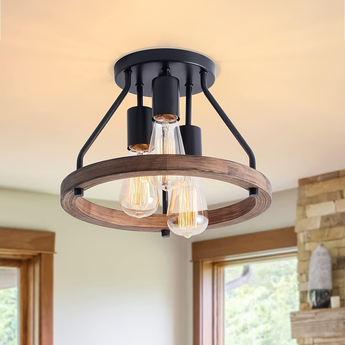 Lámpara de techo industrial semiflush con aro de madera rústica