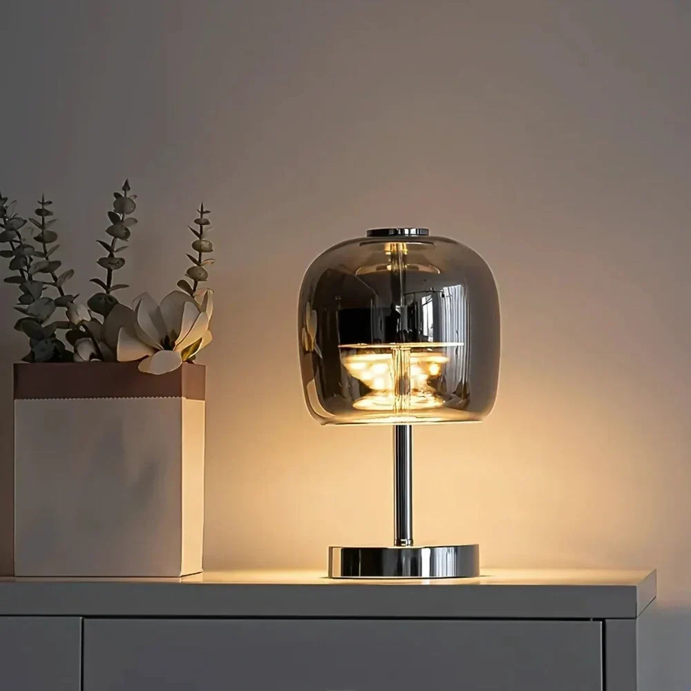 Lámpara de mesa esférica de vidrio esmerilado y hierro, regulable e inalámbrica por USB