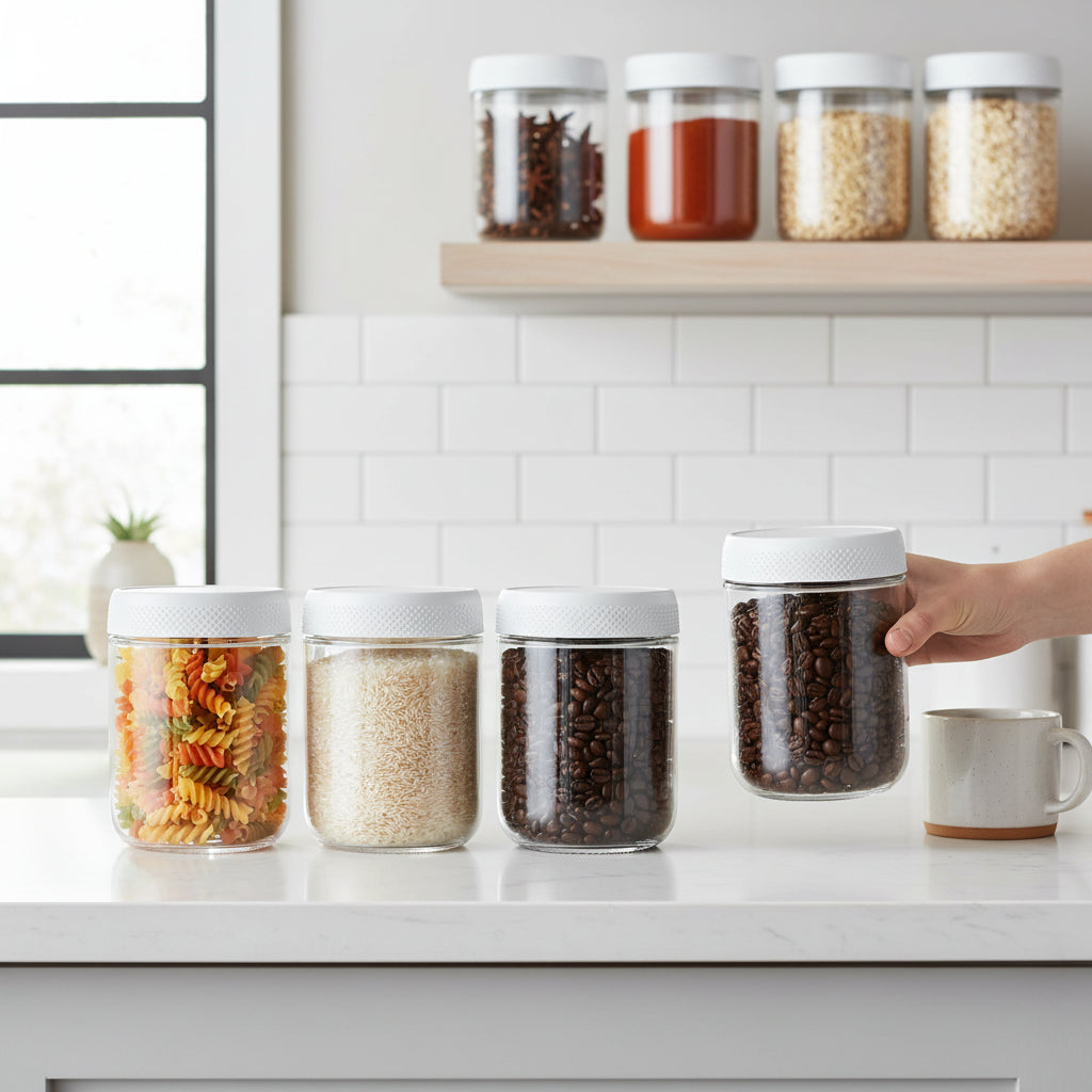 Juego de frascos de vidrio transparentes y apilables para almacenar alimentos, con boca ancha y cierre hermético
