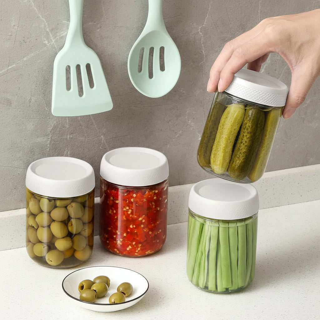 Juego de frascos de vidrio transparentes y apilables para almacenar alimentos, con boca ancha y cierre hermético