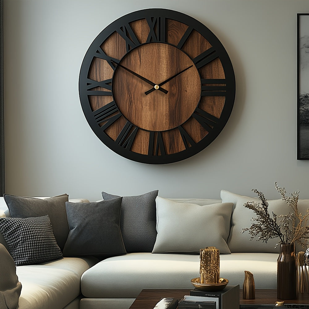 Reloj de pared silencioso de madera rústica con números romanos