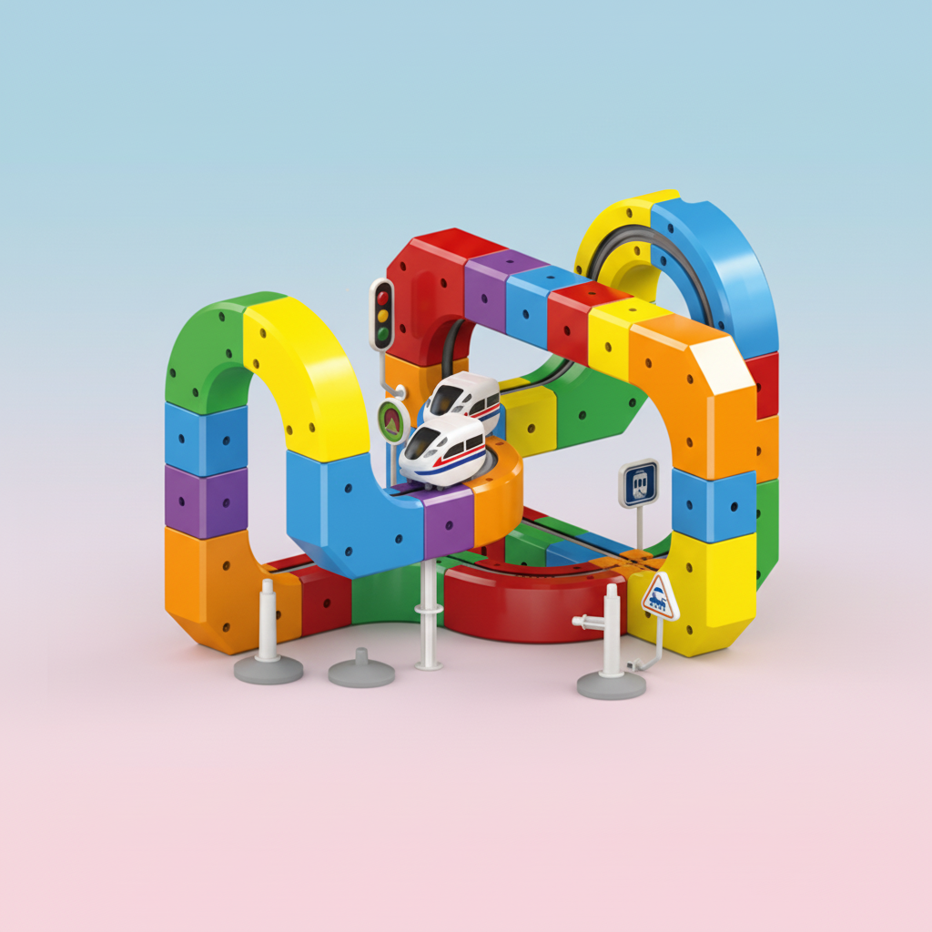 Set de juguete de bloques de construcción modulares apilables con pista para canicas