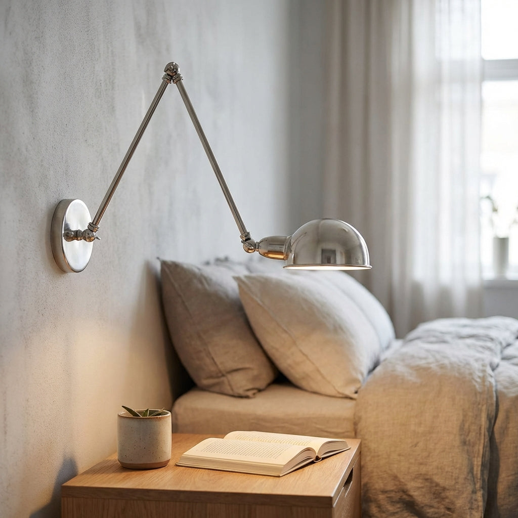 Lámpara de pared de metal pulido con brazo giratorio ajustable para tareas