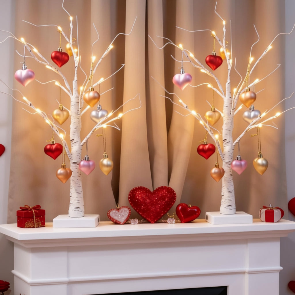 Lámpara de mesa romántica con adorno de corazón en un abedul ramificado