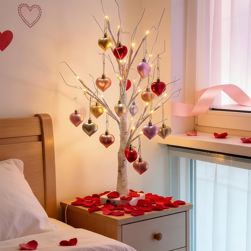 Lámpara de mesa romántica con adorno de corazón en un abedul ramificado