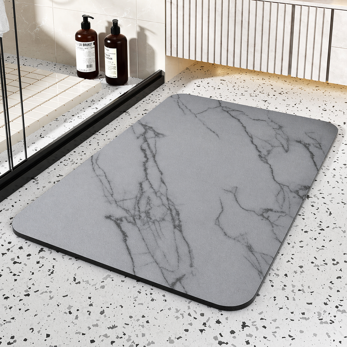 Alfombrilla de baño de piedra de diatomita con diseño de mármol, antideslizante y de secado rápido