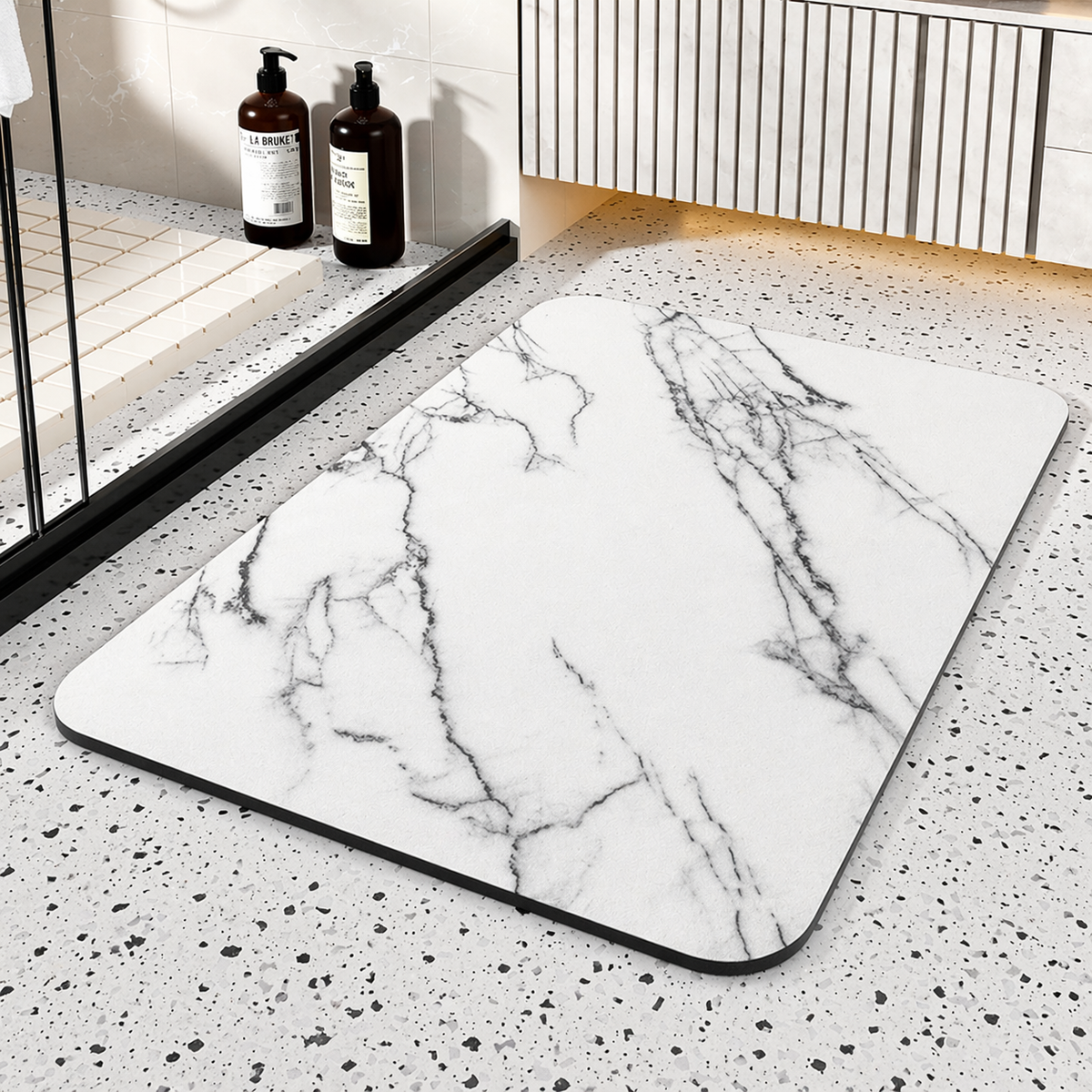 Alfombrilla de baño de piedra de diatomita con diseño de mármol, antideslizante y de secado rápido