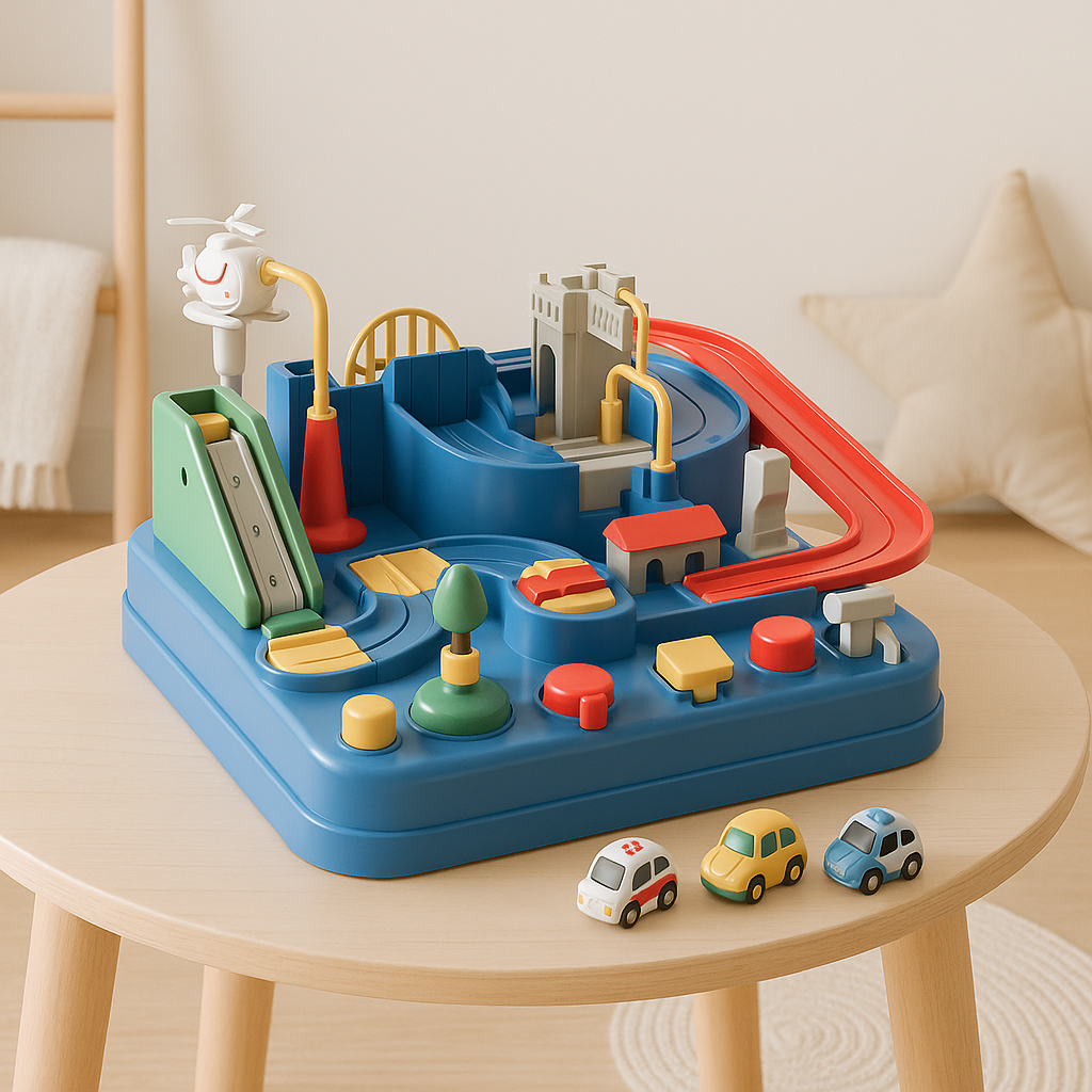 Set de juego de rompecabezas de pista mecánica para autos, modular y de aventura urbana