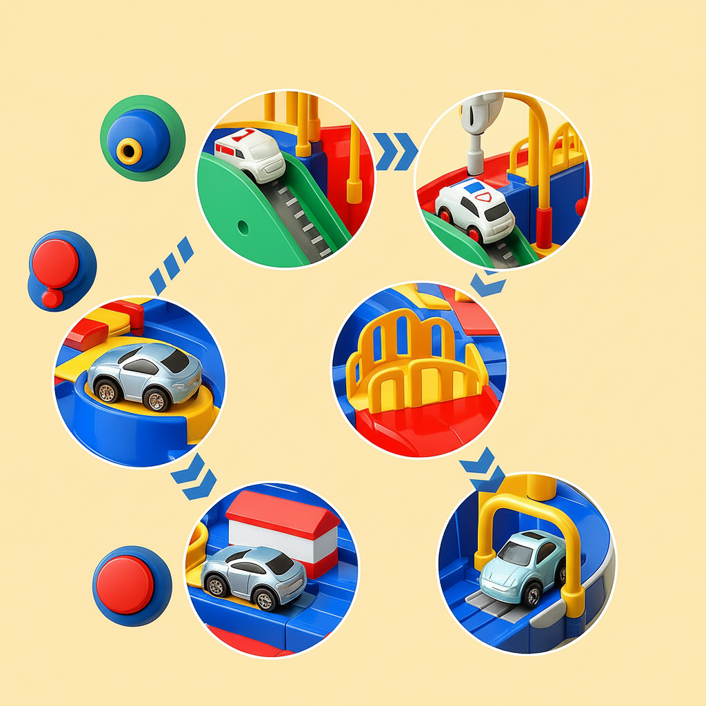 Set de juego de rompecabezas de pista mecánica para autos, modular y de aventura urbana