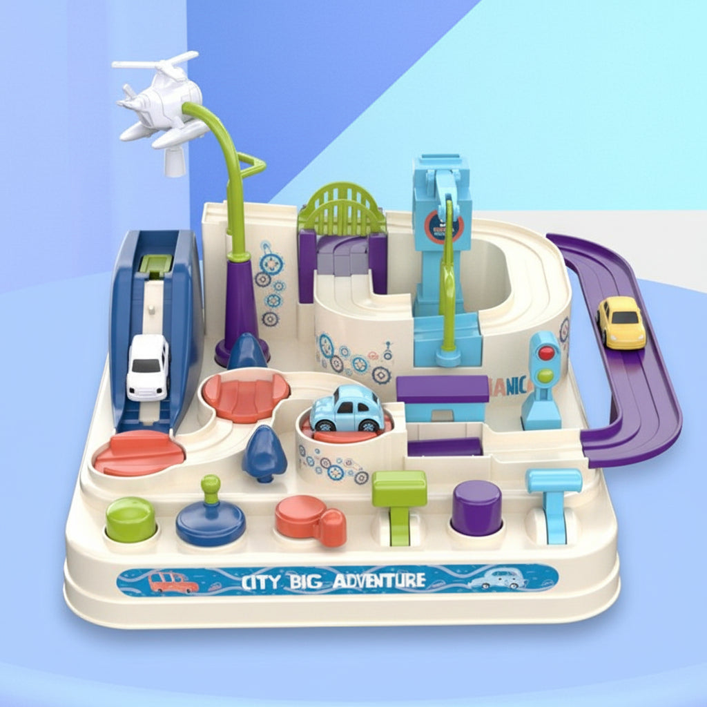 Set de juego de rompecabezas de pista mecánica para autos, modular y de aventura urbana
