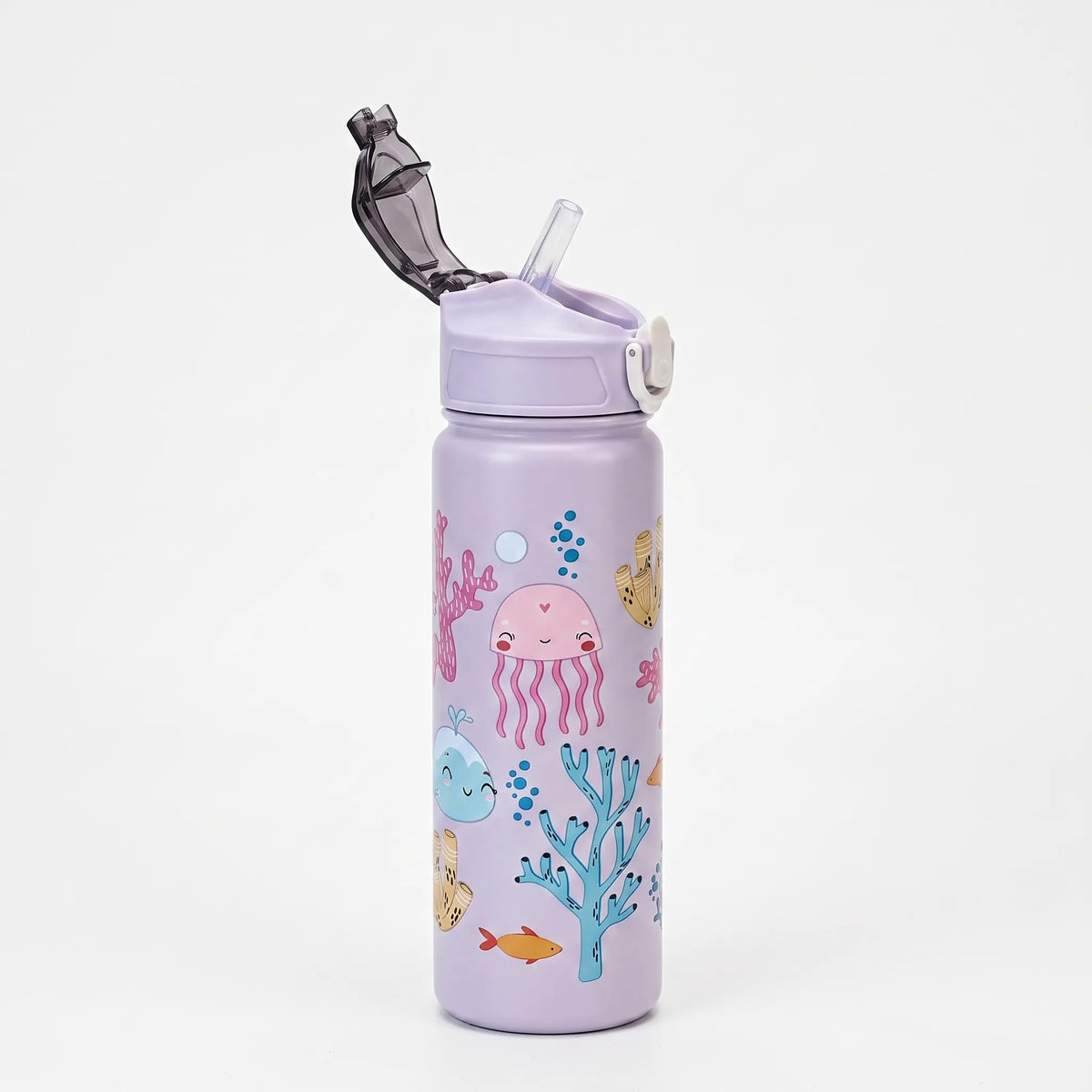 Botella de agua con estampado de dibujos animados, botón pulsador, tapa abatible y pajita