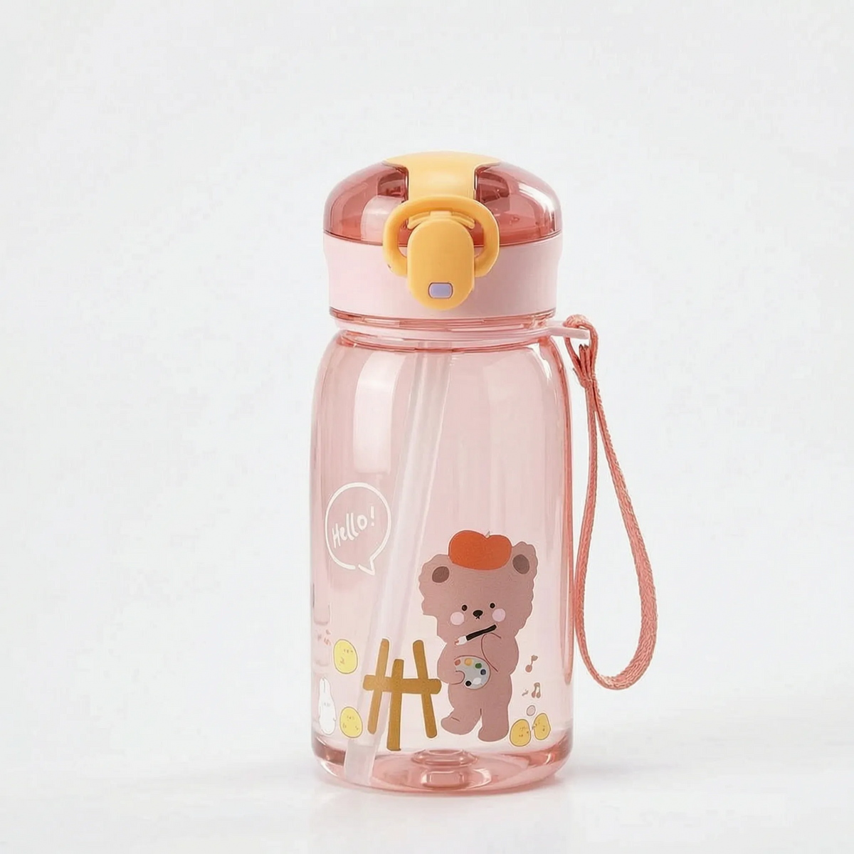 Botella de agua infantil transparente con diseño de oso, botón pulsador y pajita