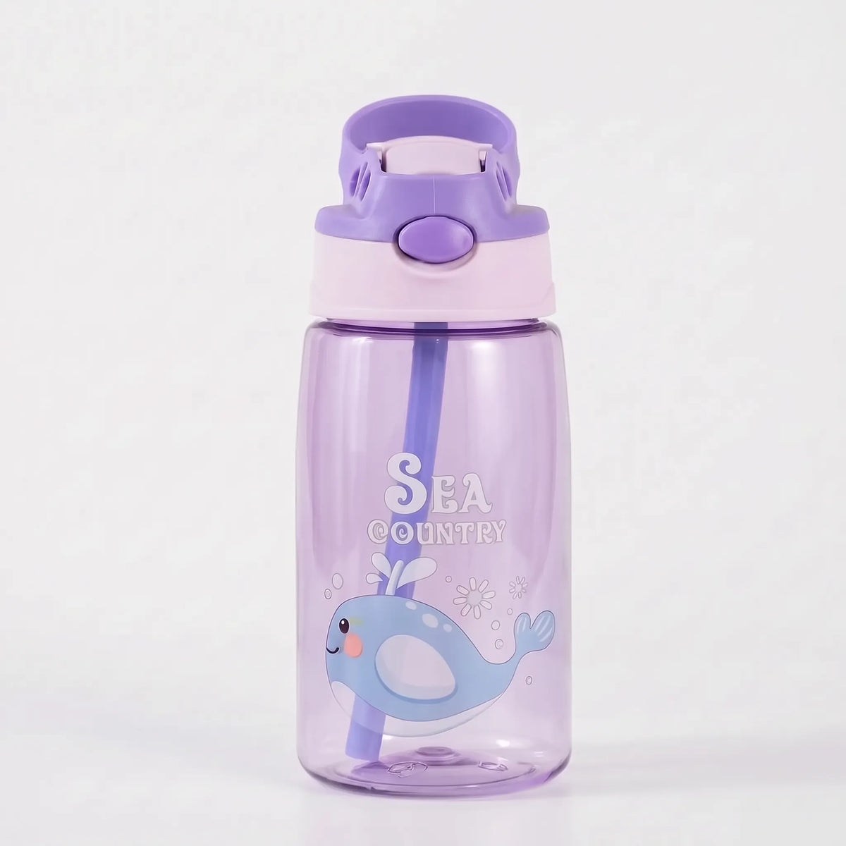 Botella de agua infantil transparente con estampado de dibujos animados, botón pulsador y pajita
