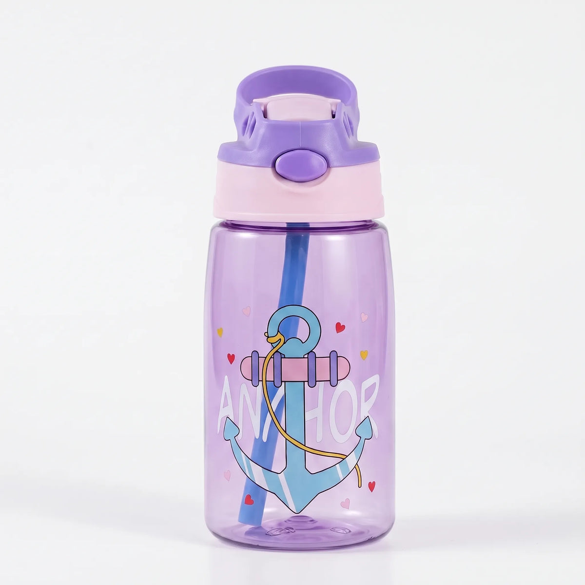 Botella de agua infantil transparente con estampado de dibujos animados, botón pulsador y pajita