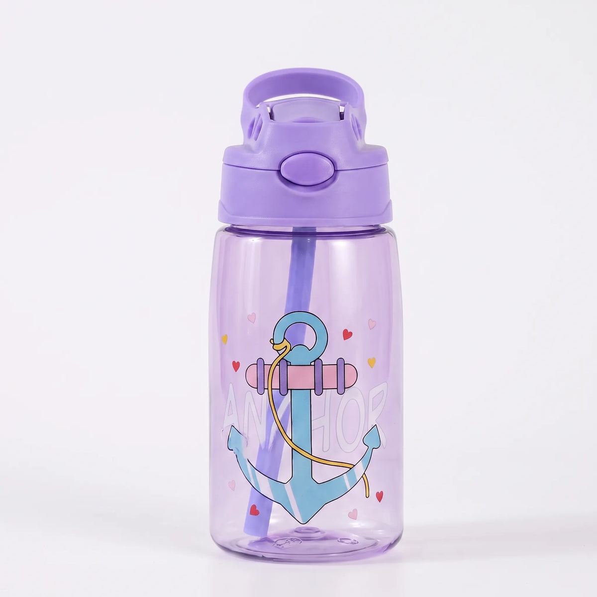 Botella de agua infantil transparente con estampado de dibujos animados, botón pulsador y pajita
