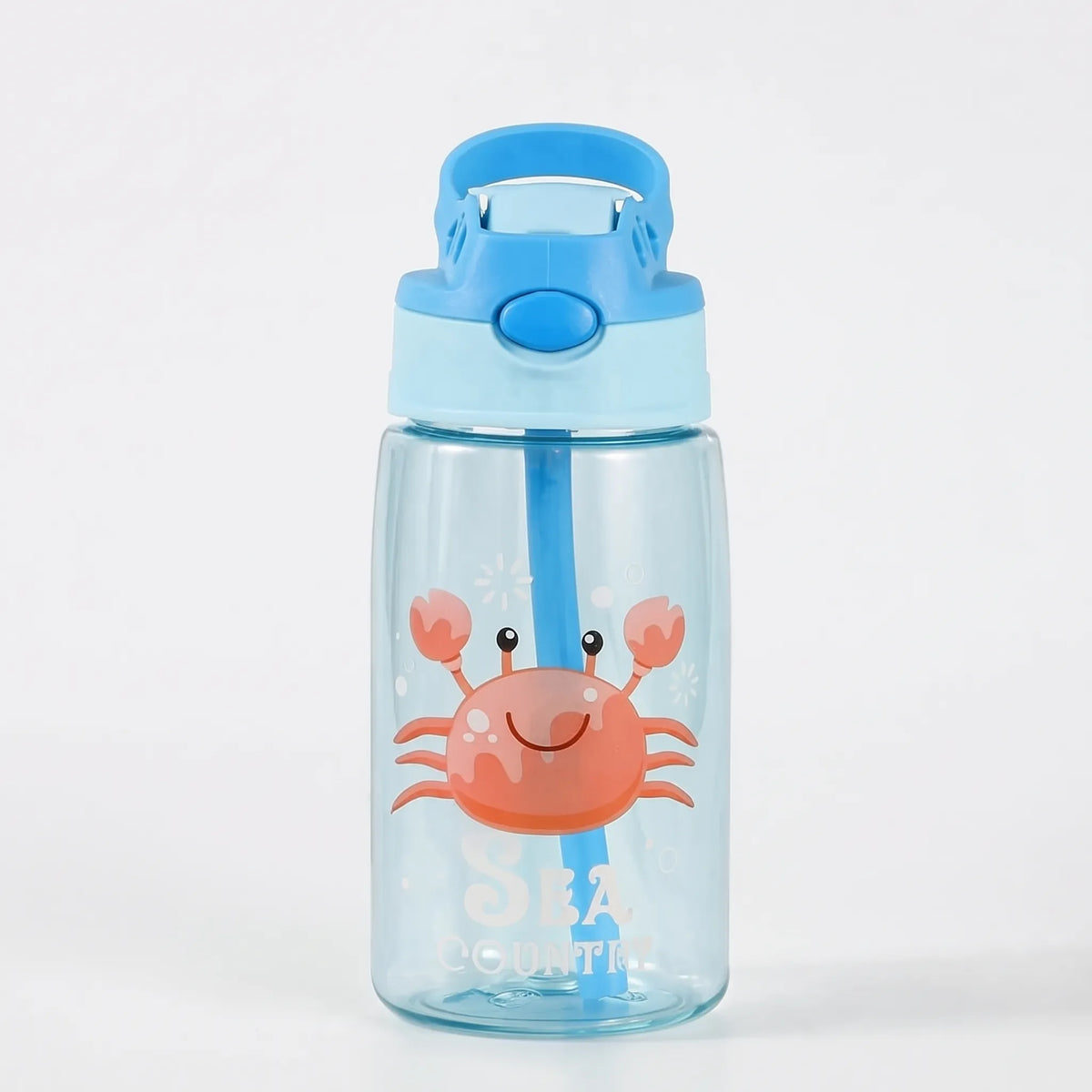 Botella de agua infantil transparente con estampado de dibujos animados, botón pulsador y pajita