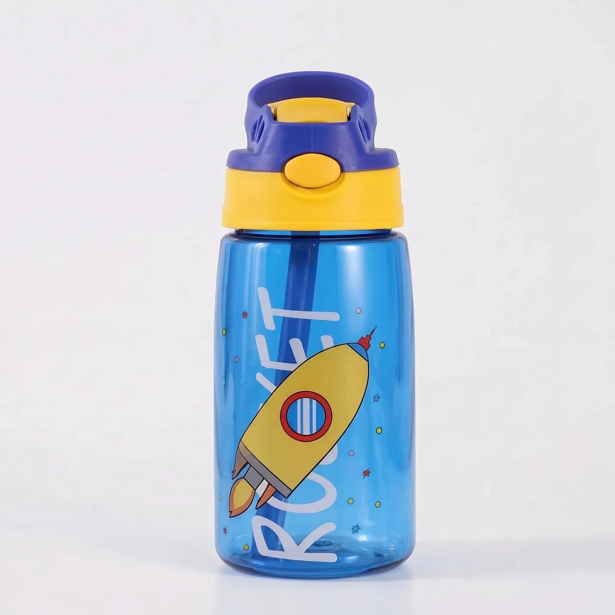 Botella de agua infantil transparente con estampado de dibujos animados, botón pulsador y pajita