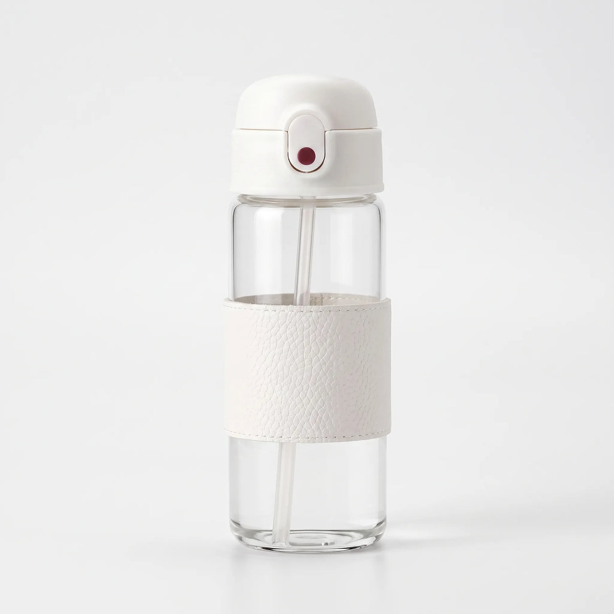 Botella de agua de vidrio con agarre texturizado, botón pulsador y pajita