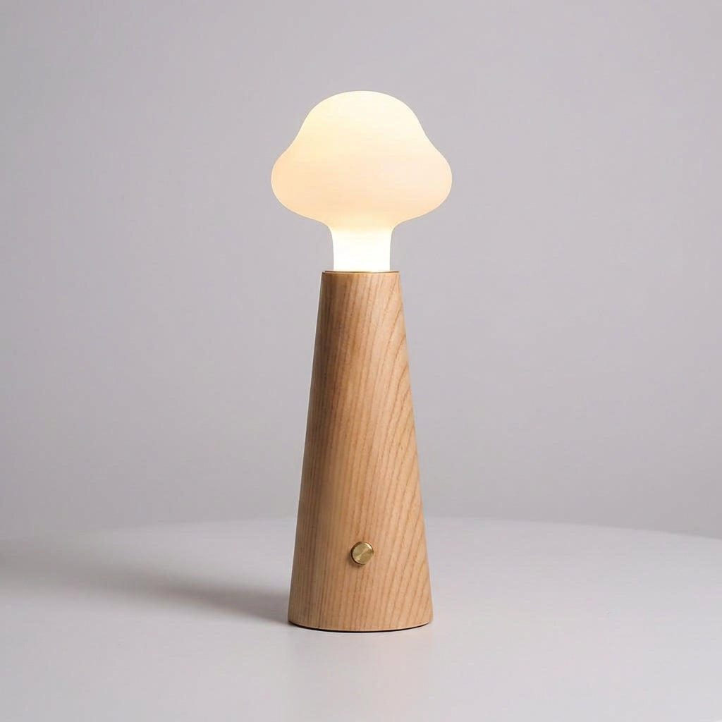Lámpara de mesa con pantalla acrílica en forma de nube, base cónica y luz difusa