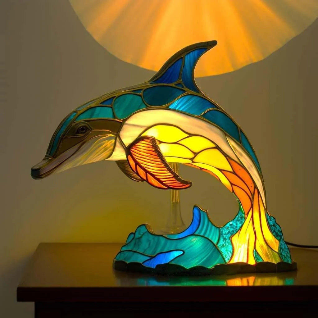Lámpara de mesa de resina con escultura de animal en mosaico de vidriera