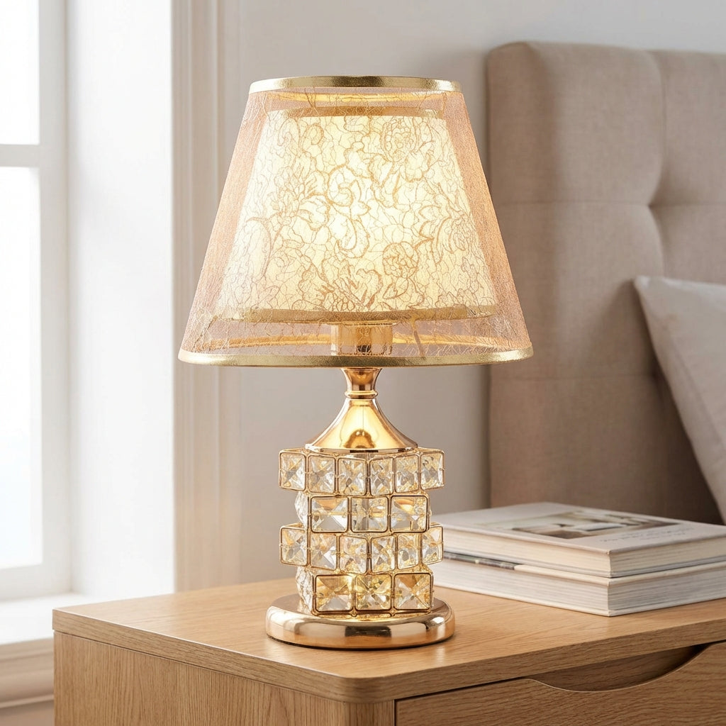 Lámpara de mesa con detalle de cristal en capas, brillo ajustable en dos zonas