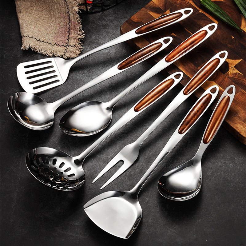 Juego de utensilios de cocina de acero inoxidable con mango ergonómico y elegante