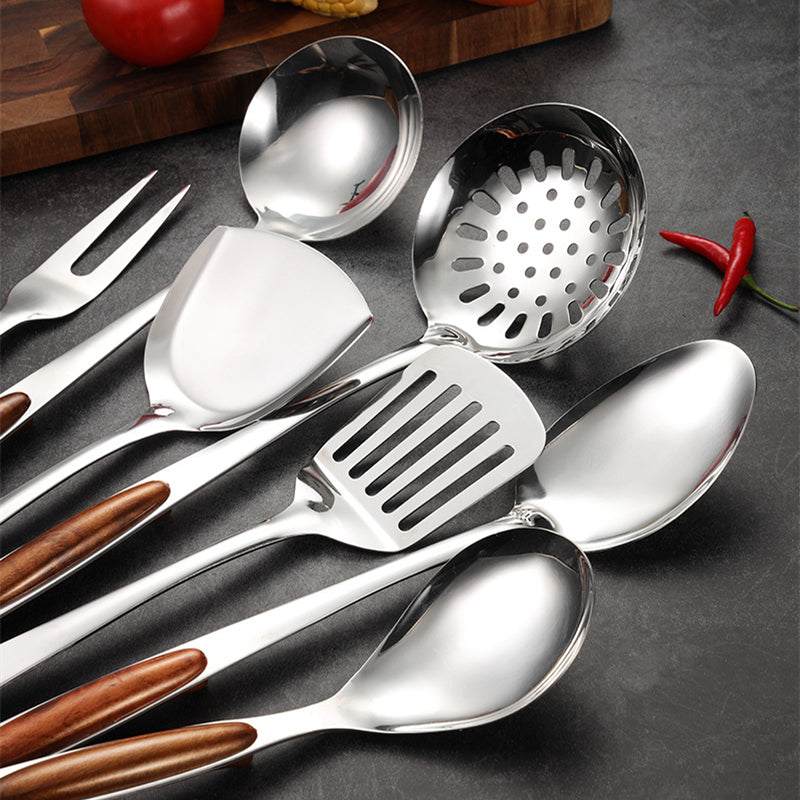 Juego de utensilios de cocina de acero inoxidable con mango ergonómico y elegante
