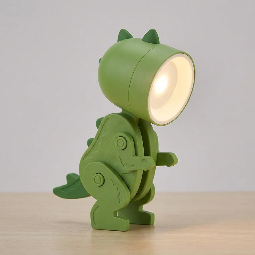 Lámpara de mesa portátil compacta con personaje de dinosaurio plegable y apta para sujetar con pinza