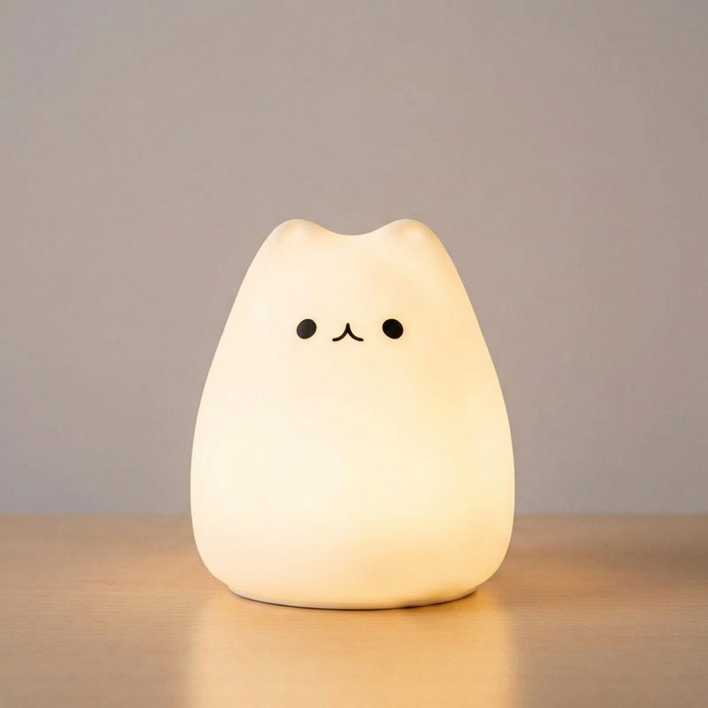 Lámpara de mesa y luz nocturna con forma de gato, silicona suave, batería recargable y control táctil