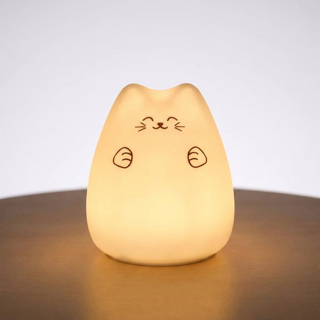 Lámpara de mesa y luz nocturna con forma de gato, silicona suave, batería recargable y control táctil