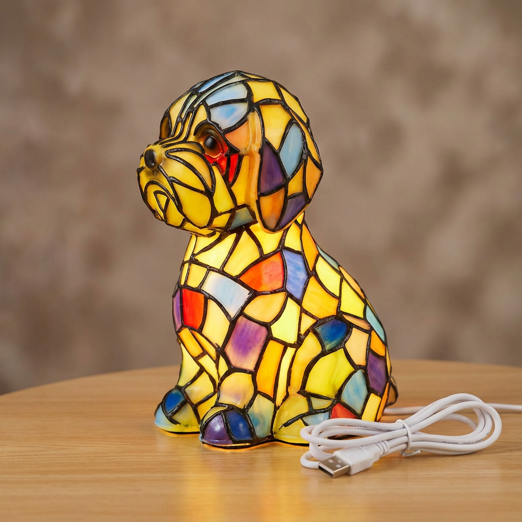 Lámpara de mesa de noche ambiental con figura escultórica moderna de resina y vidrio emplomado