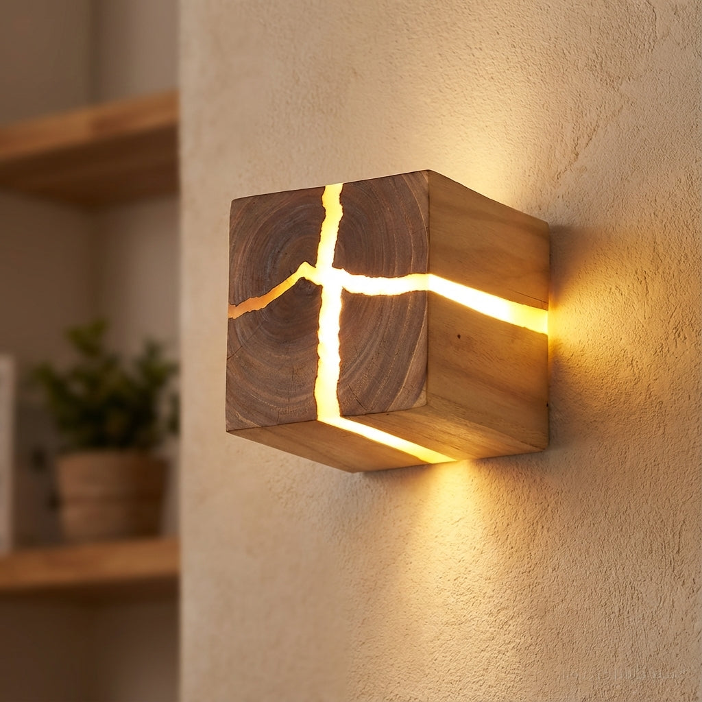 Lámpara de pared cúbica de madera artesanal con vetas agrietadas