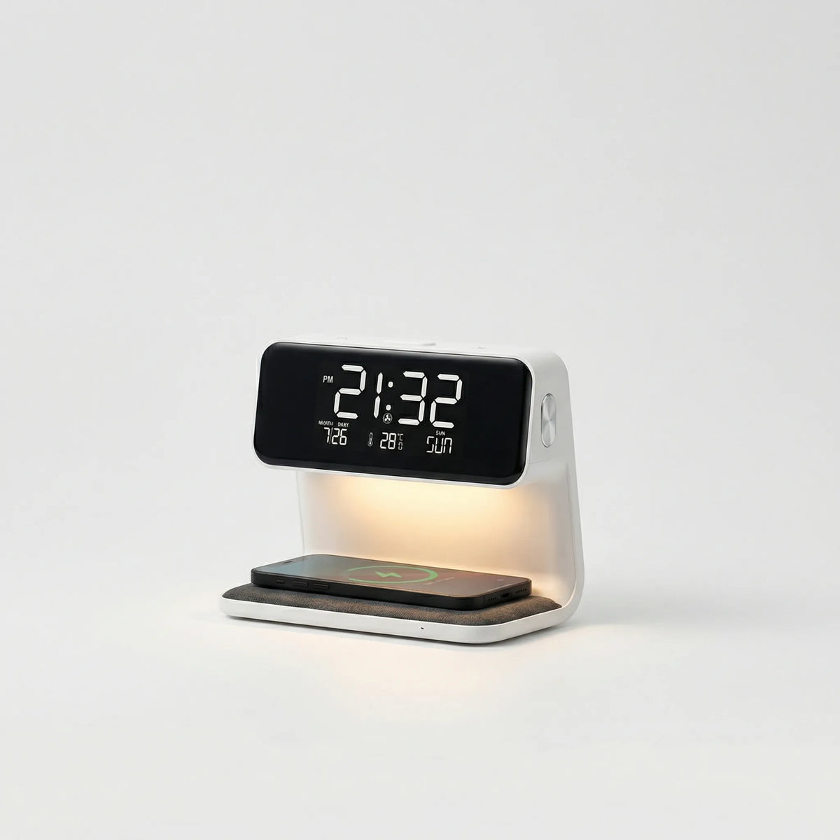 Lámpara de mesa de noche con reloj despertador compacto, regulable al tacto y carga inalámbrica