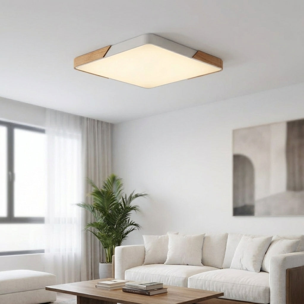 Lámpara de techo minimalista de madera y metal con difusor acrílico y regulación de intensidad