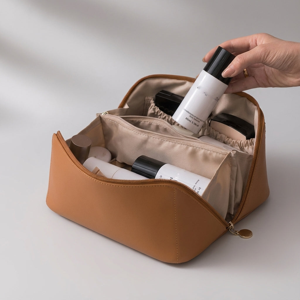 Organizador de maquillaje de cuero sintético, con compartimentos y abertura amplia