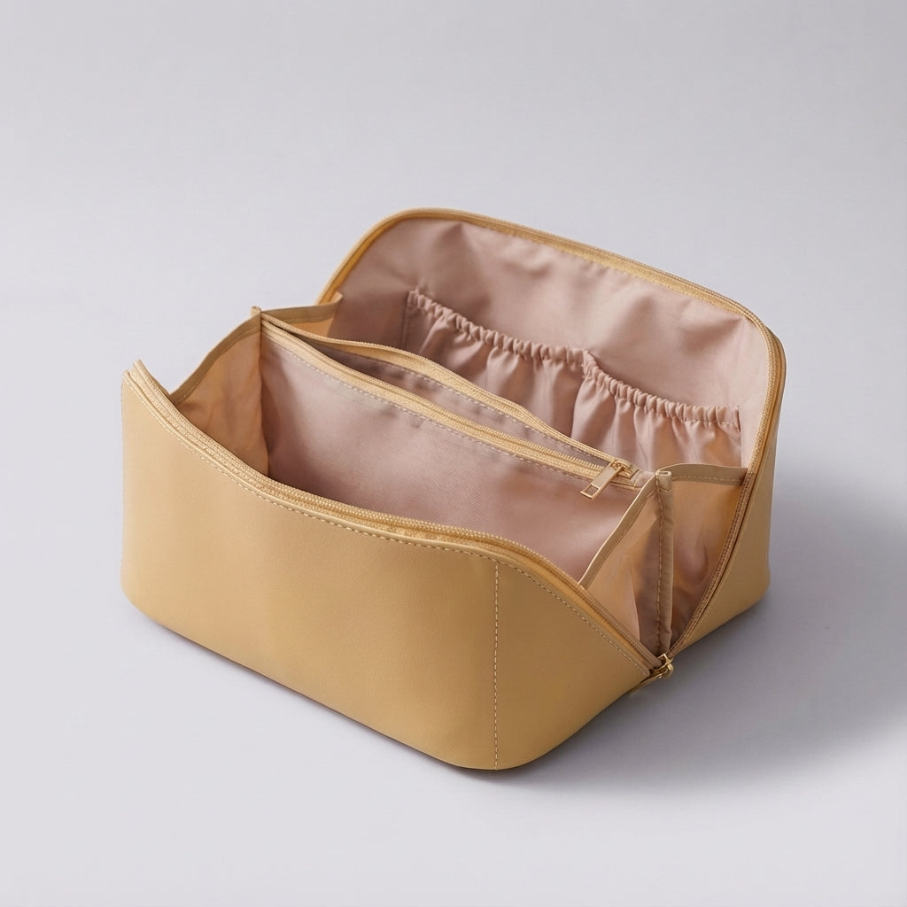 Organizador de maquillaje de cuero sintético, con compartimentos y abertura amplia